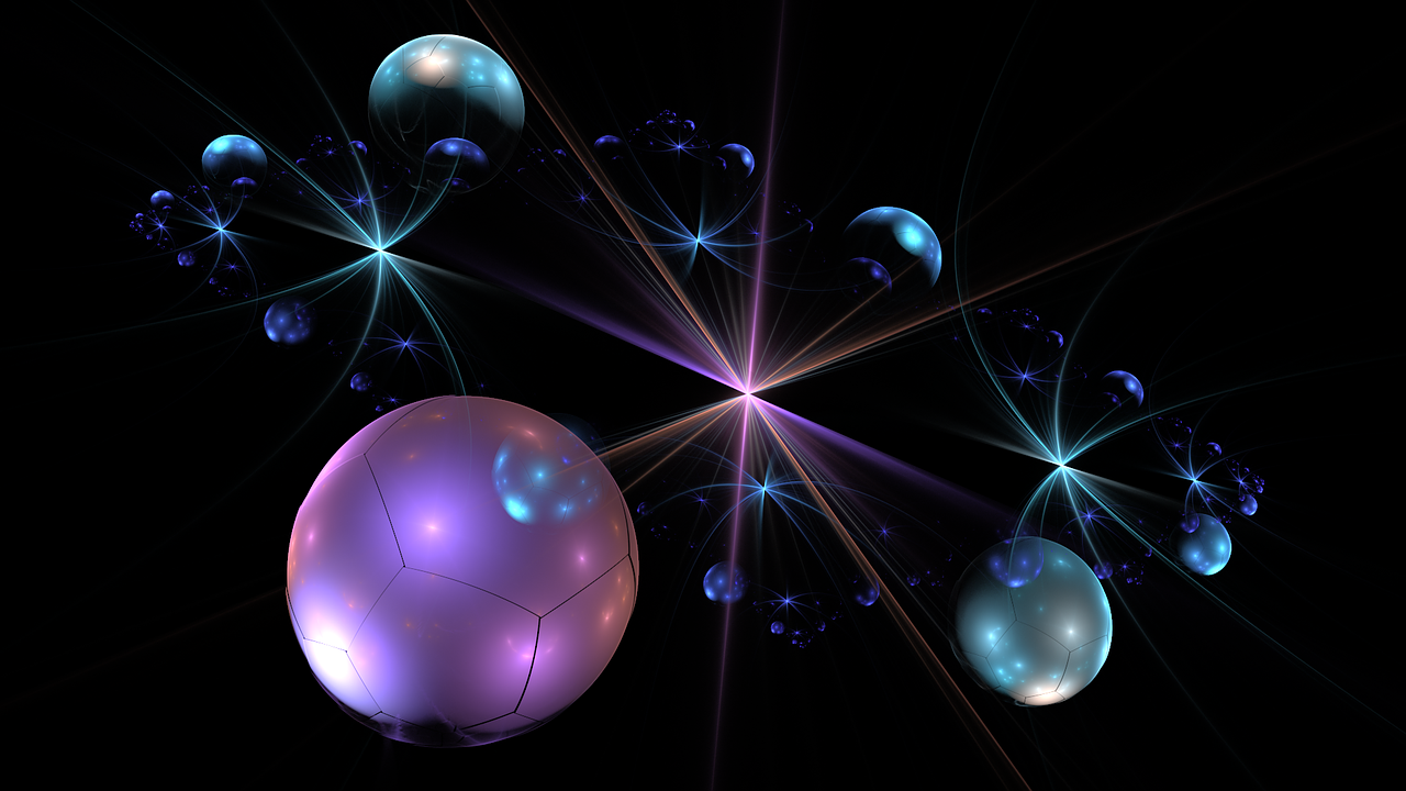 a computer generated image of a soccer ball, by Robert Koehler, flickr, digital art, iridescent soapy bubbles, glowing stars, floating spheres and shapes, purplish space in background