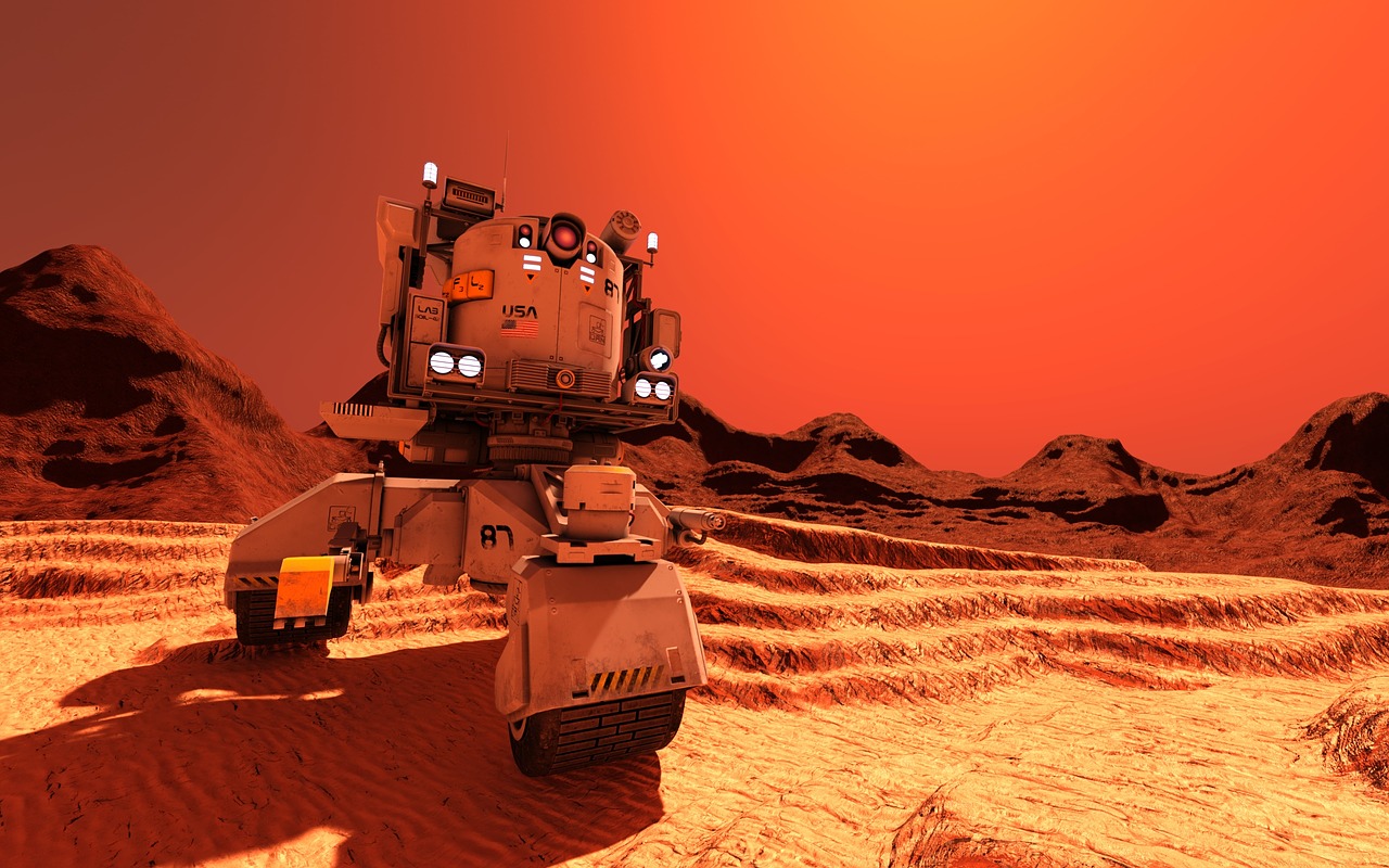 a computer generated image of a robot in the desert, by Wayne England, cg society contest winner, on the orange surface of mars, 8k octae render photo