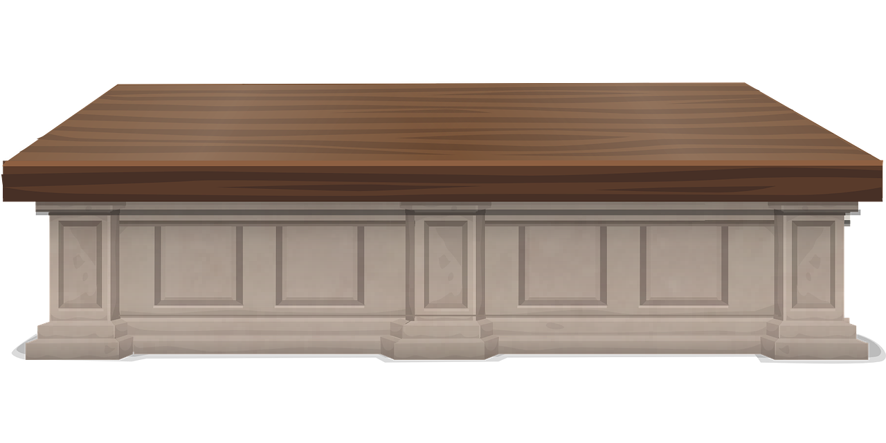 a table with a wooden top on a black background, an ambient occlusion render, by Kanbun Master, trending on polycount, renaissance, in phoenix wright ace attorney, marble walls, front elevation, wall ]
