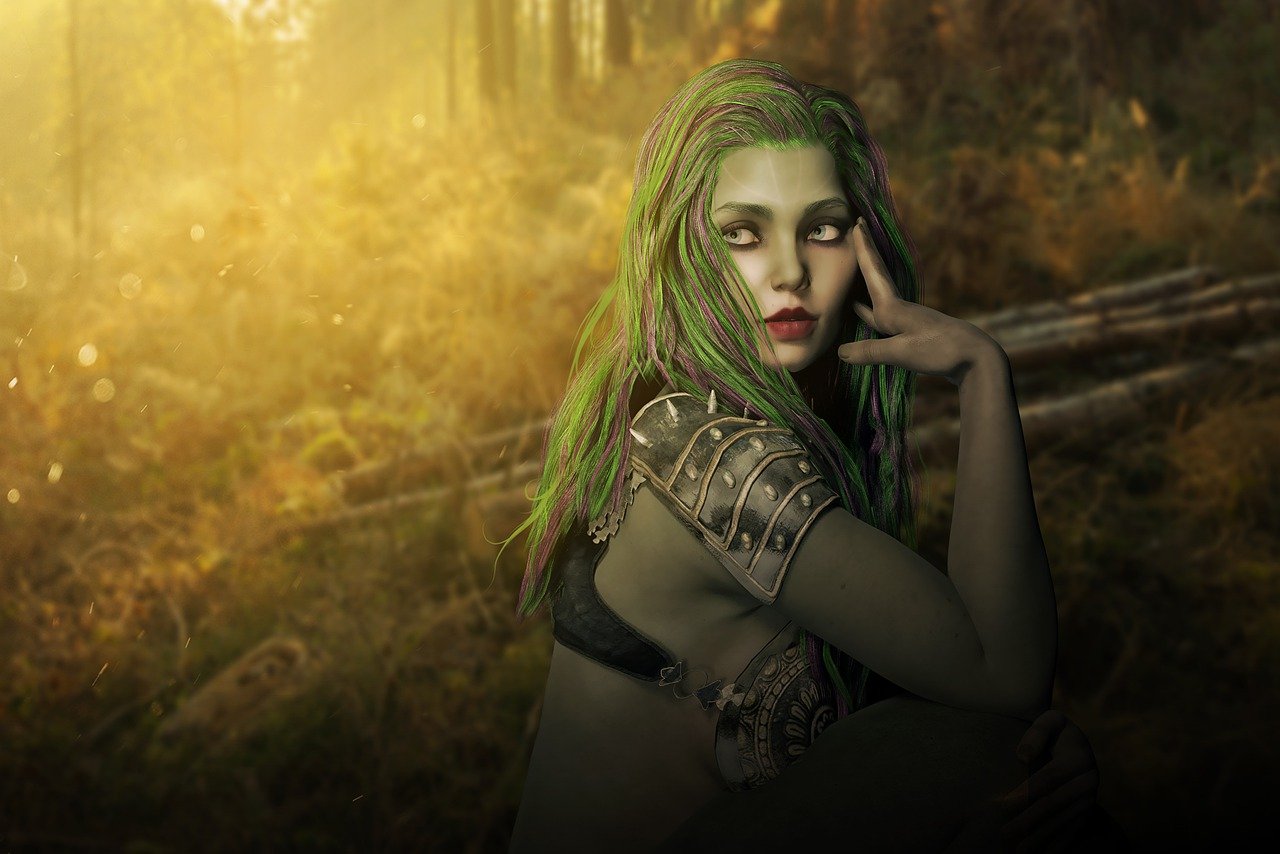 a woman with green hair posing for a picture, trending on cg society, fantasy art, cinematic realistic photo, early morning mood, lovely dark autumn princess, high quality fantasy stock photo