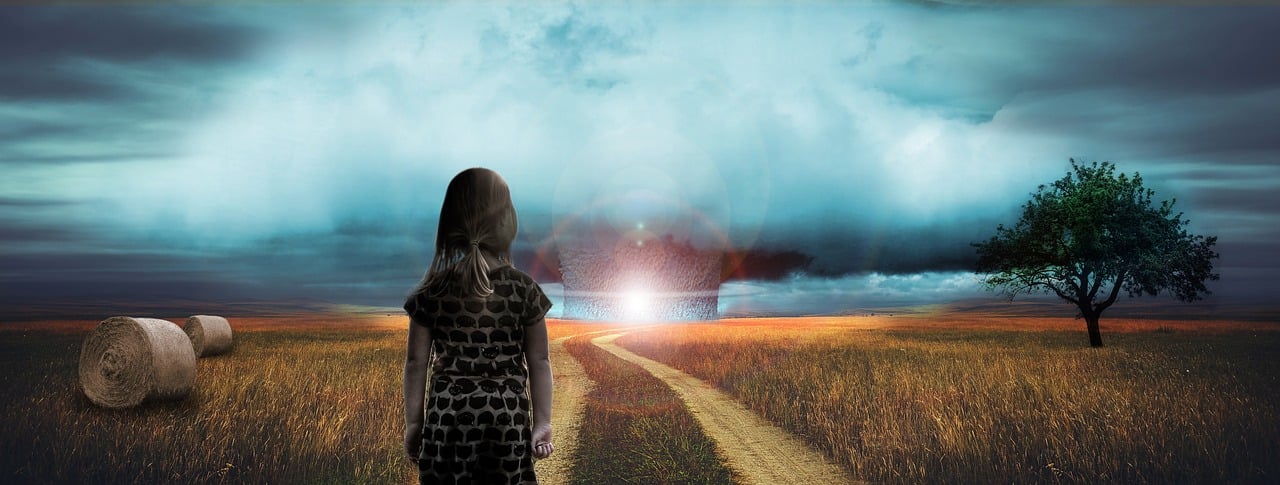 a woman standing in the middle of a field, digital art, by Jon Coffelt, pixabay contest winner, nuclear art, little kid, looks at the nuclear explosion, artwork about a road to freedom, wonderful light