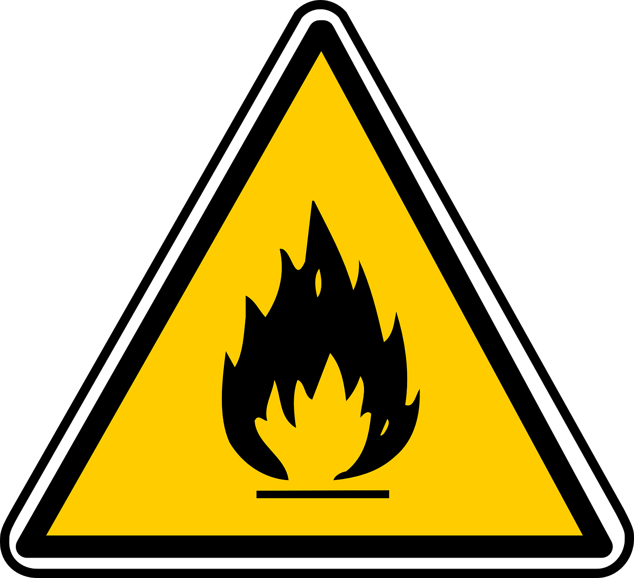 a yellow and black hazard sign on a black background, a picture, renaissance, flames in background, triangle, behaelterverfolgung, high temperature