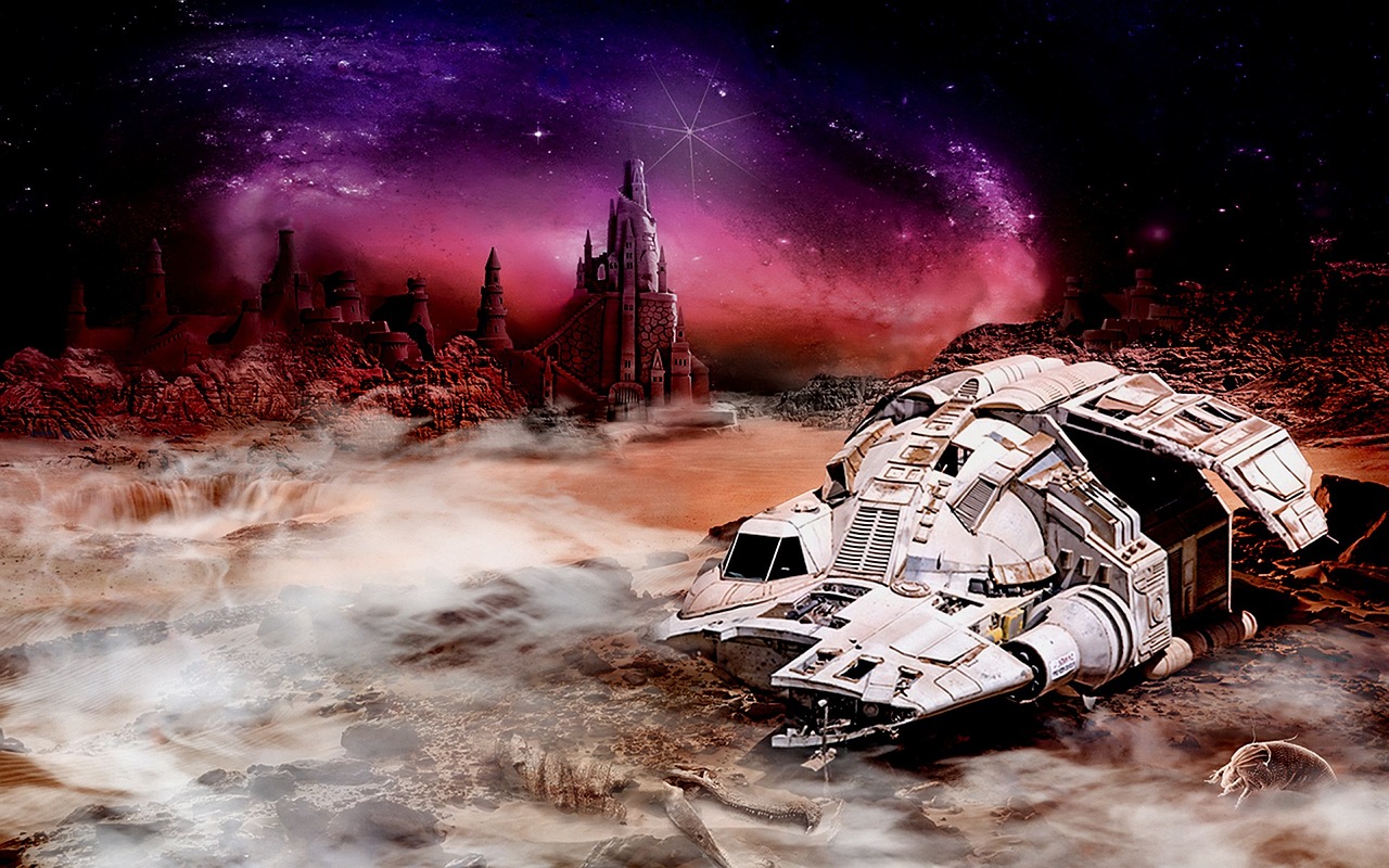 a spaceship sitting in the middle of a desert, cg society contest winner, space art, in style of luis royo, in a ruined cityscape, a spaceship through the nebula, aetherpunk airbrush digital art