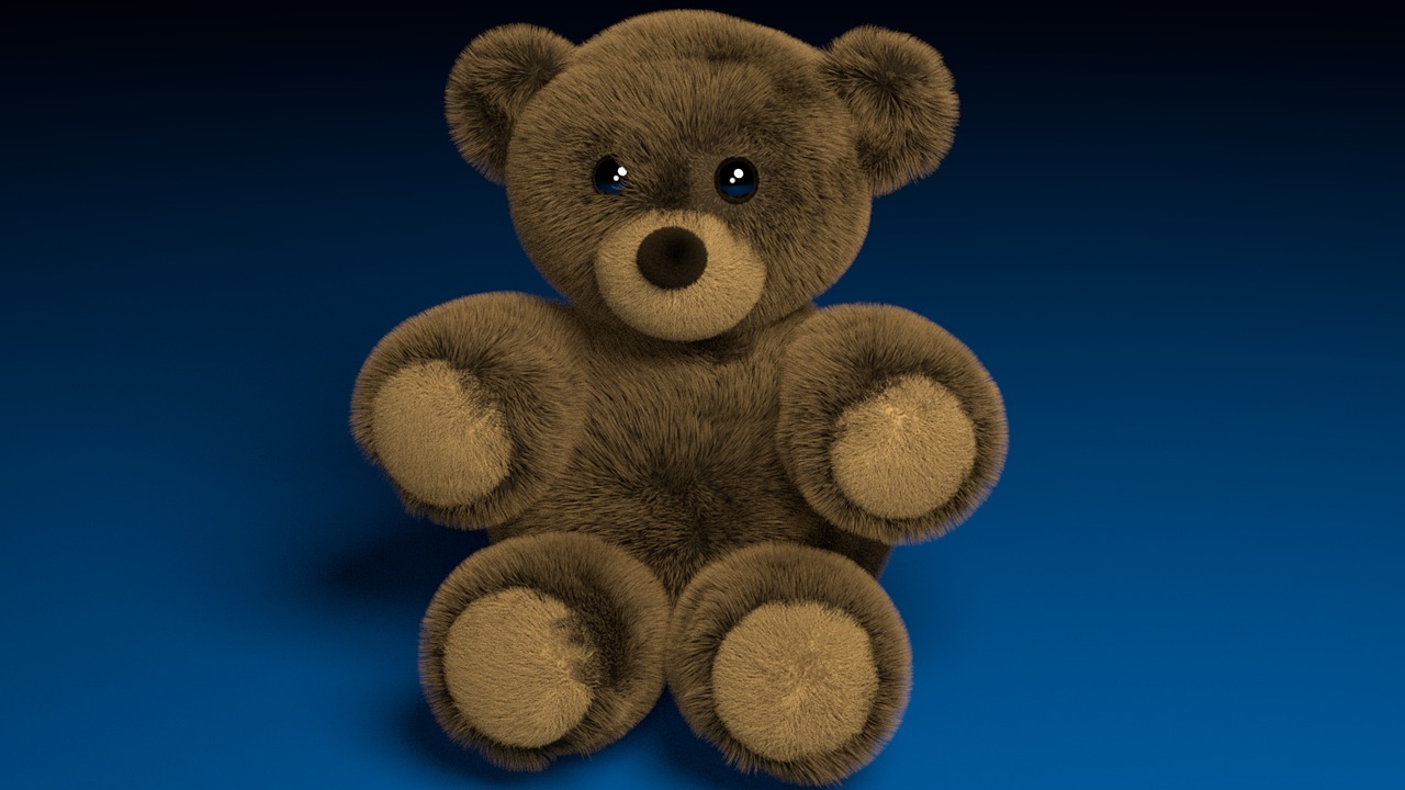 a brown teddy bear sitting on a blue surface, a raytraced image, zbrush central contest winner, highly_detailed!!, stuffed animal