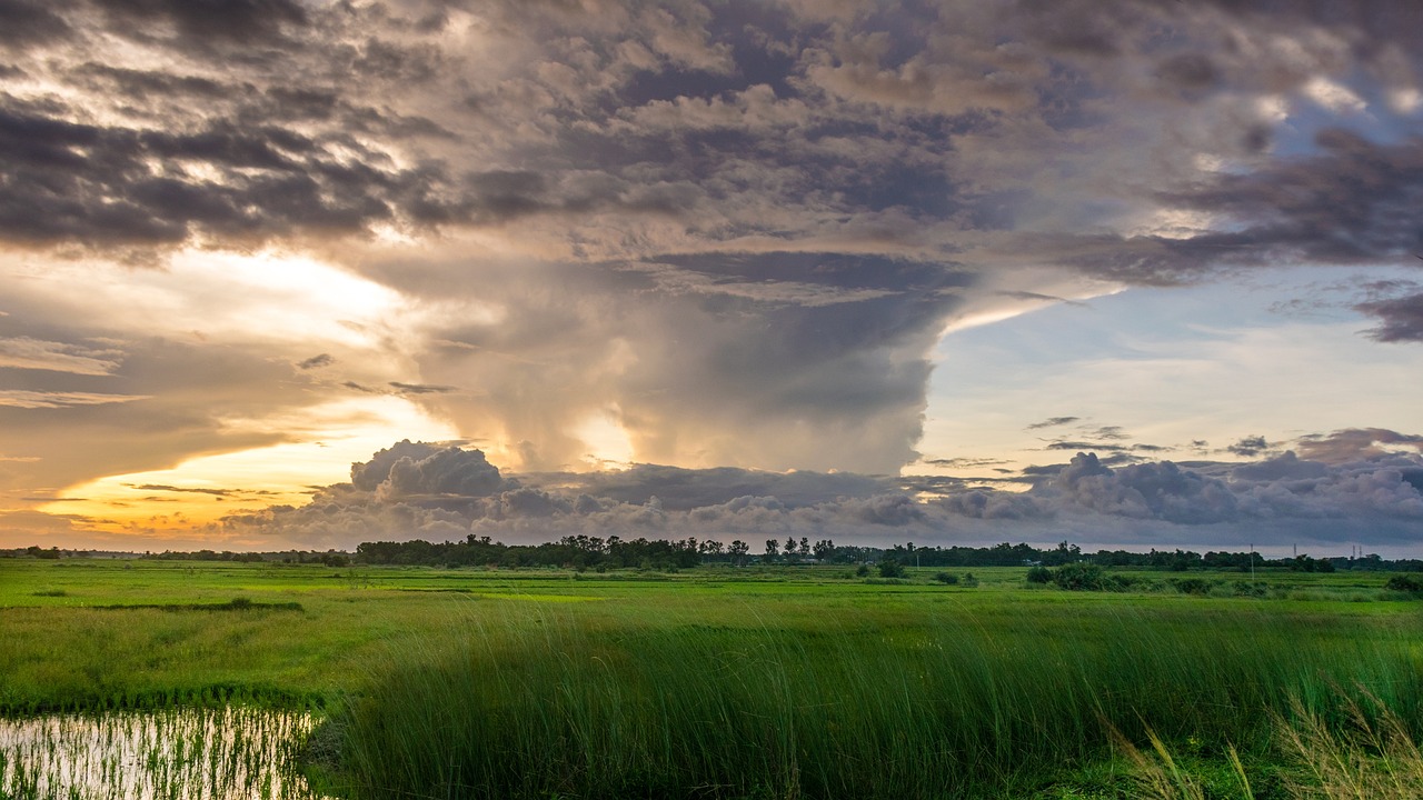 a large body of water sitting next to a lush green field, a picture, by Juergen von Huendeberg, thunderstorm supercell, sunset panorama, thailand, during a hail storm