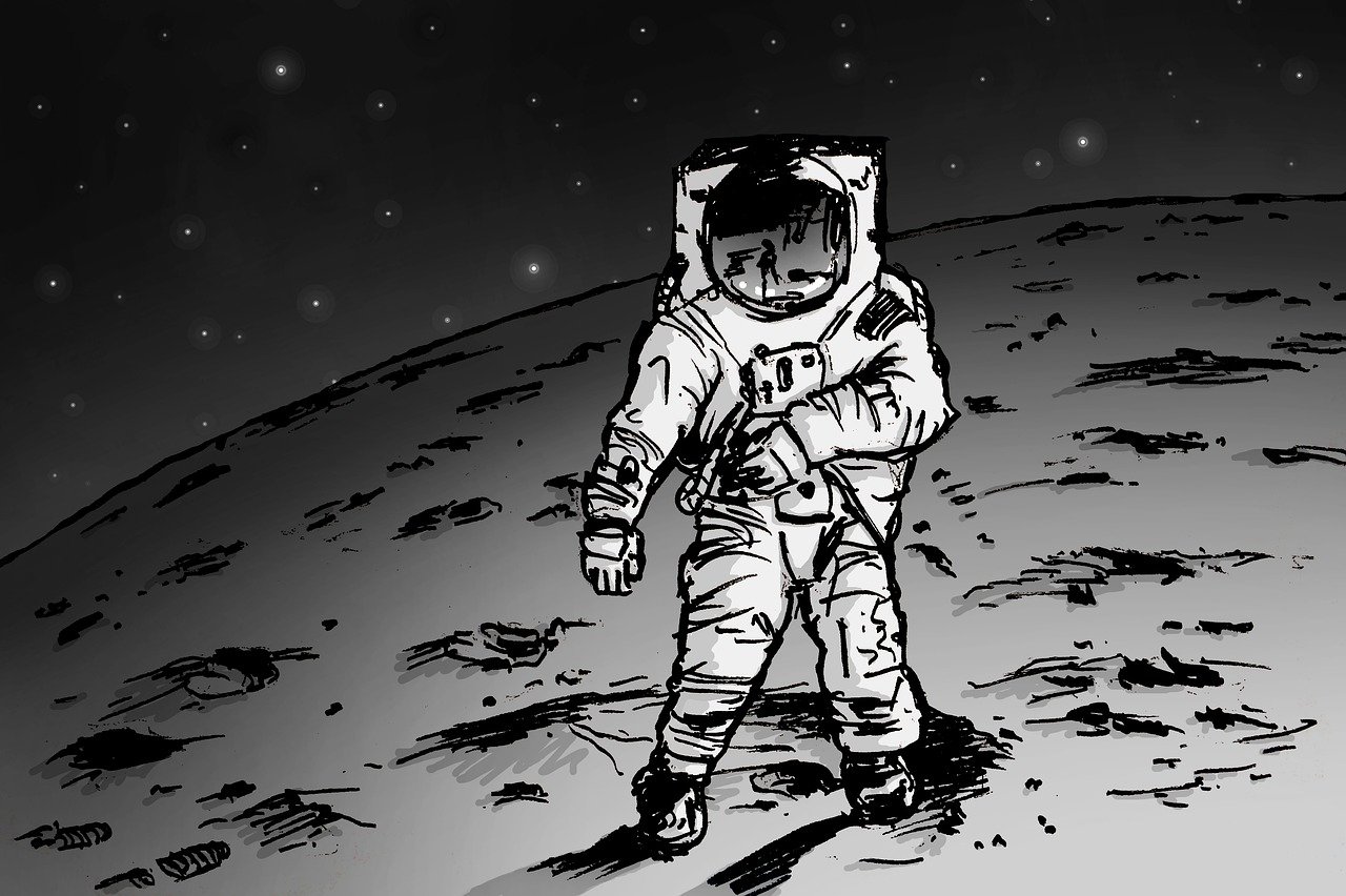 a black and white drawing of an astronaut on the moon, tumblr, digital comic, drawn in microsoft paint, manga, about to step on you