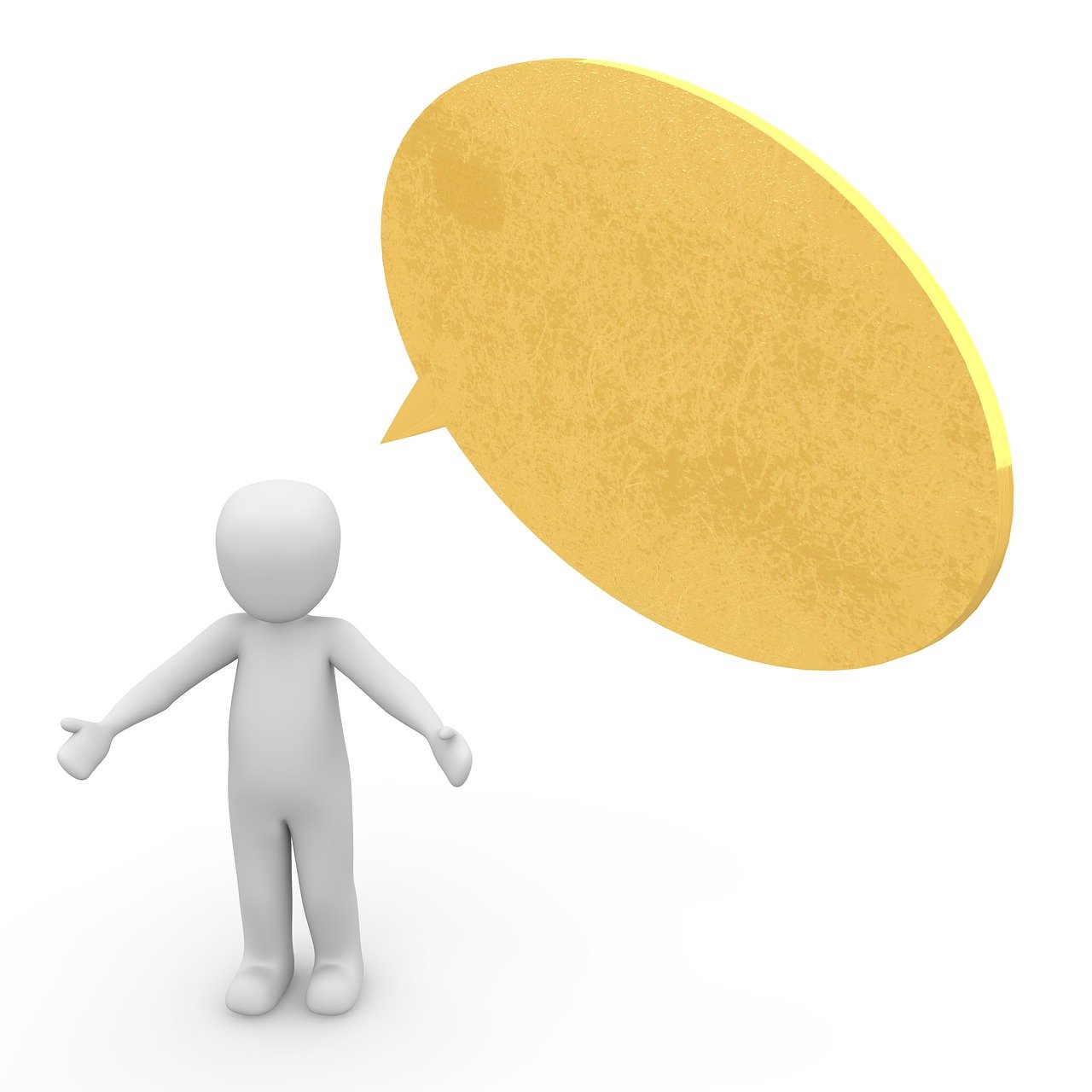 a person standing in front of a yellow speech bubble, conceptual art, 3d cg, npc talking, background is white, golden