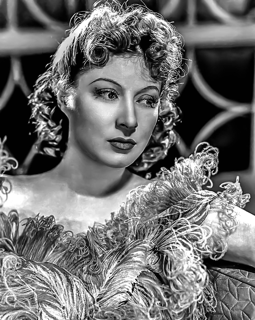 a black and white photo of a woman with curly hair, inspired by George Hurrell, featured on pixabay, fine art, colourized, square, in a silver silk robe, actors
