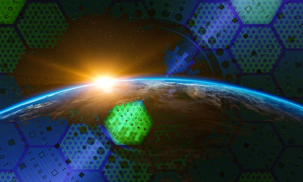 an image of a view of the earth from space, digital art, by Wayne England, shutterstock, hexagon blocking the sun, green digital world, as the sun sets on the horizon, quantum technology