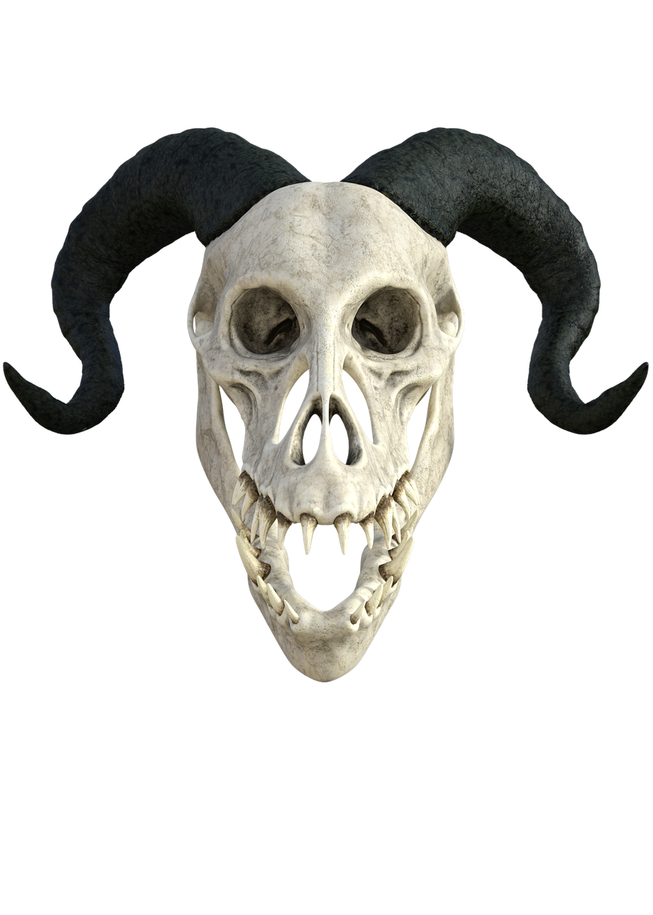 a close up of a skull with horns on a black background, a digital rendering, black pulcinella mask, full - view, top-down shot, very very happy!