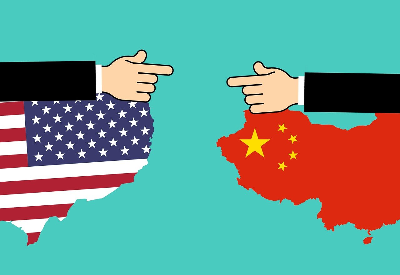 two hands pointing at each other over a map of china and an american flag, an illustration of, shutterstock, flat illustration, usa-sep 20, tummy, trending photo