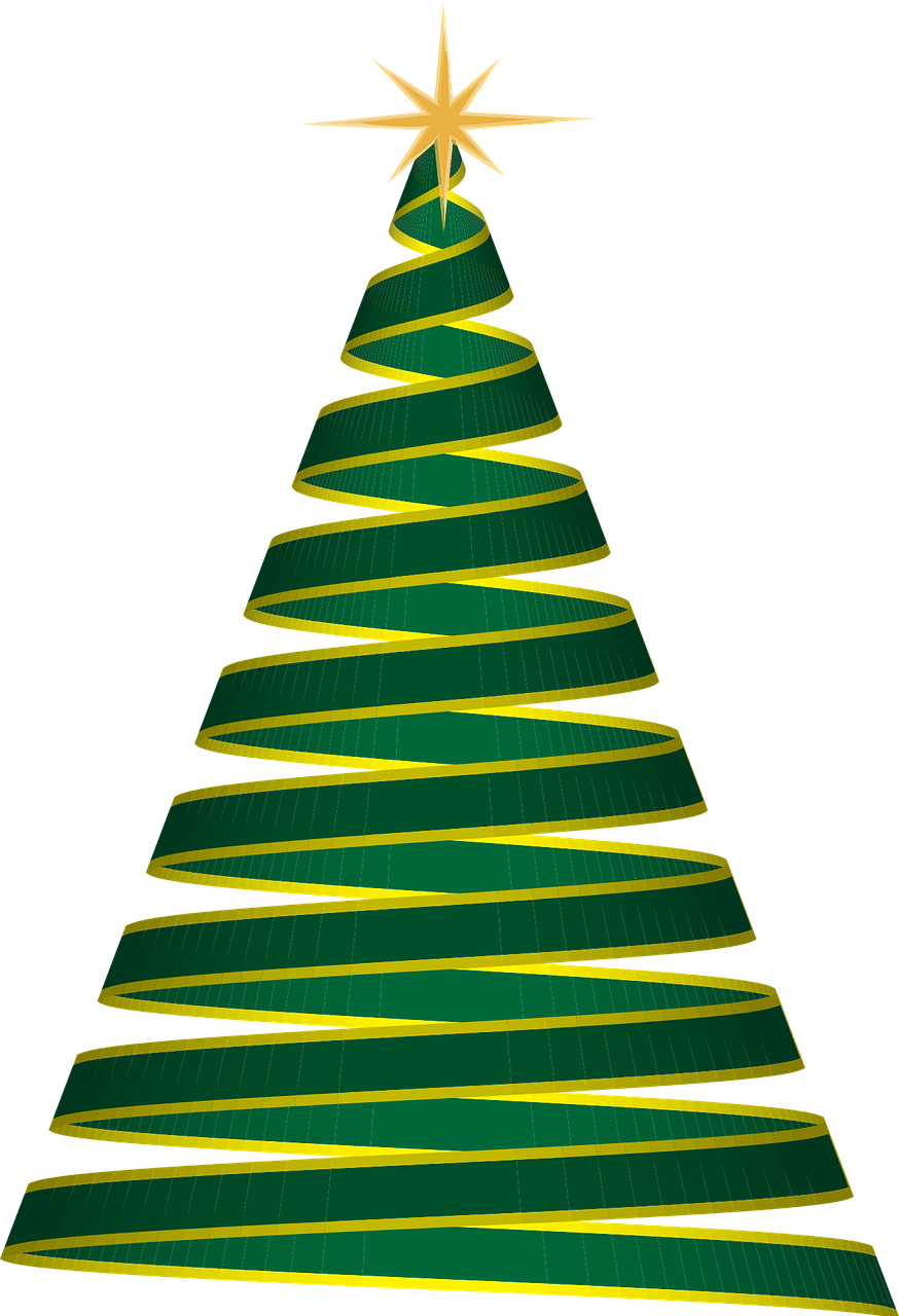 a green christmas tree with a star on top, a raytraced image, black and yellow colors, spiral lines, big ribbon, sao paulo