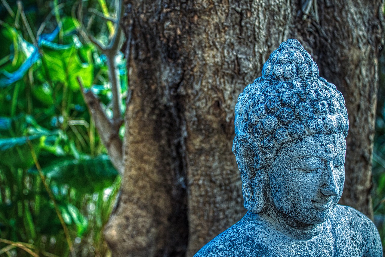 a stone buddha statue in front of a tree, a statue, by Richard Carline, postprocessed, maui, detailed depth of field, small stature