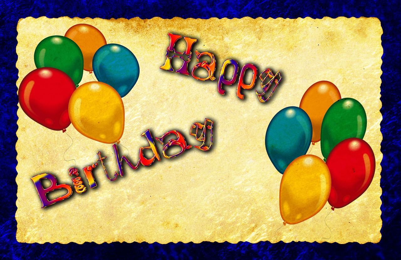a birthday card with balloons and the words happy birthday, by Tom Carapic, pixabay, stock photo, yellowing wallpaper, ; wide shot, high res photo