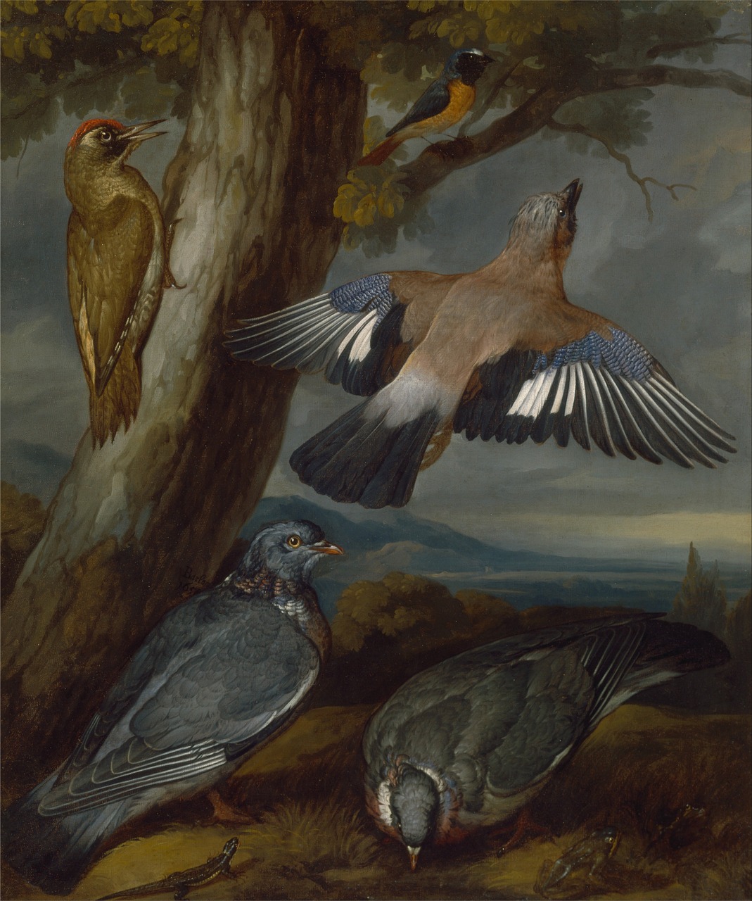 a painting of birds flying around a tree, a portrait, by Melchior d'Hondecoeter, stephen outram, theodore chasseriau, three birds flying around it, by joseph binder