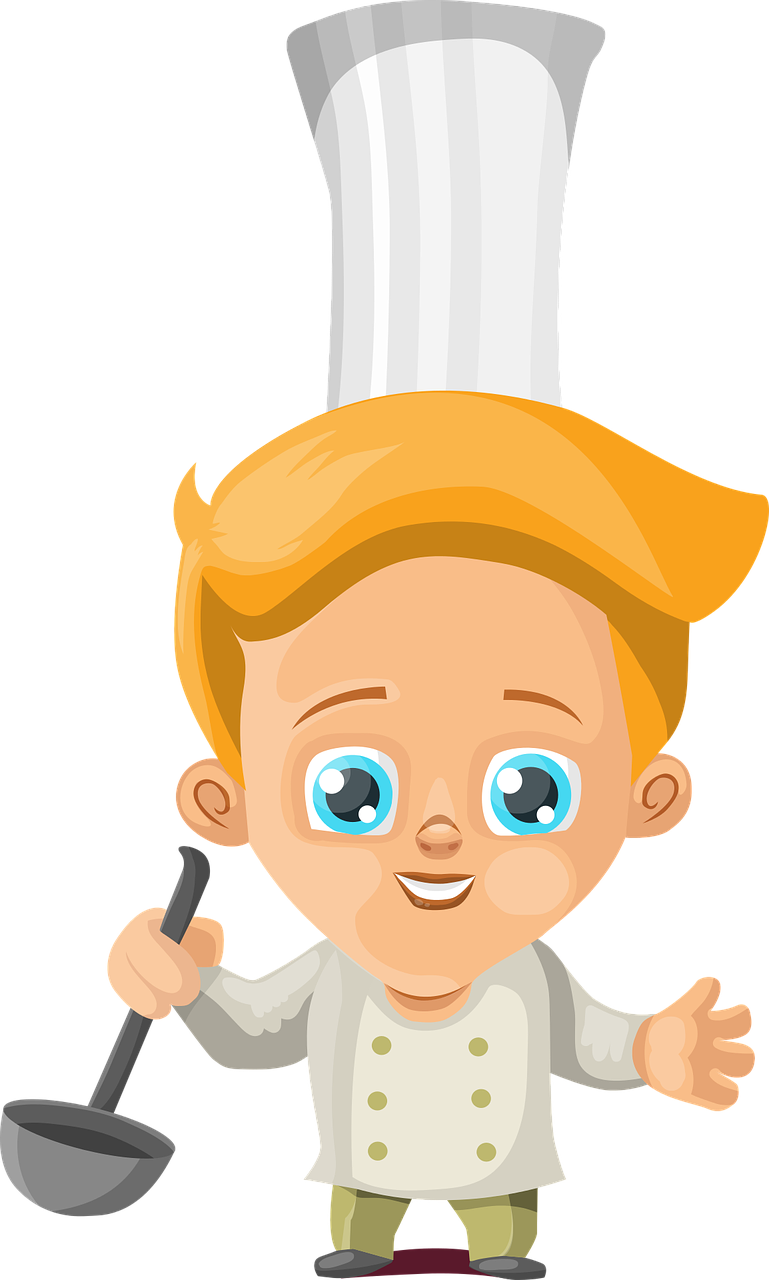 a little boy wearing a chef's hat and holding a spoon, vector art, inspired by François Bocion, pixabay contest winner, digital art, avatar with a blond hair, on black background, 😃😀😄☺🙃😉😗, flat top haircut