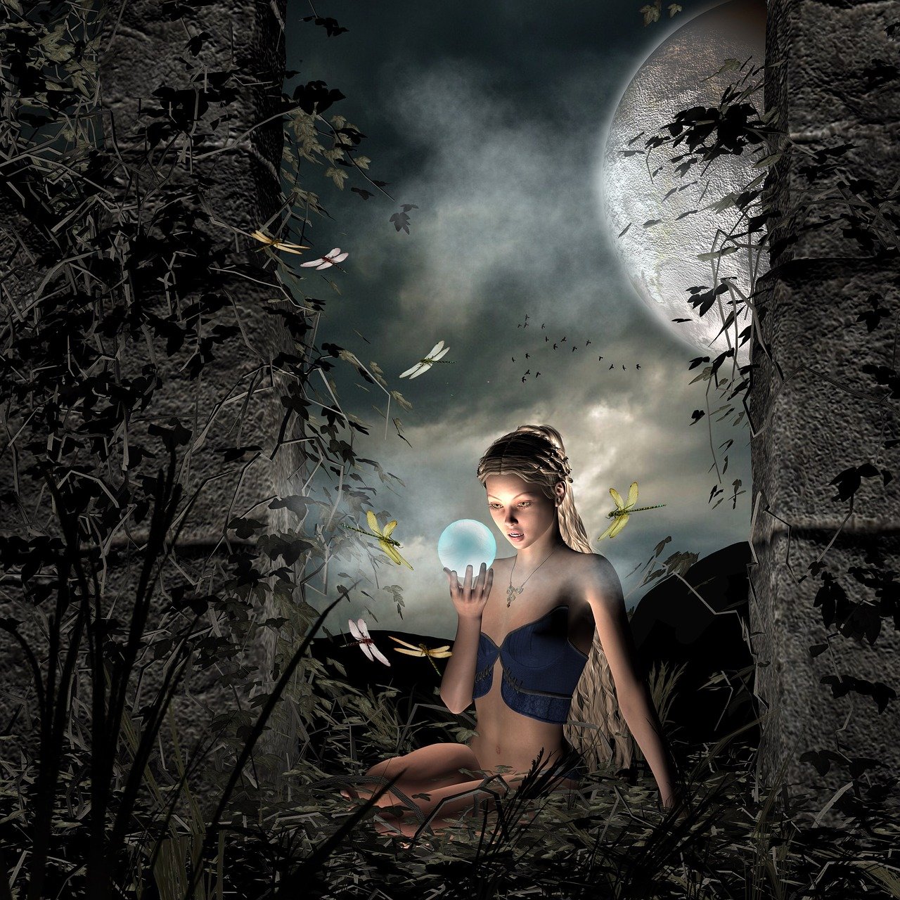 a woman sitting on the ground holding a crystal ball, digital art, inspired by Alison Kinnaird, fantasy art, stunning 3d render of a fairy, moonlit backdrop, photo - manipulation, awesome greate composition