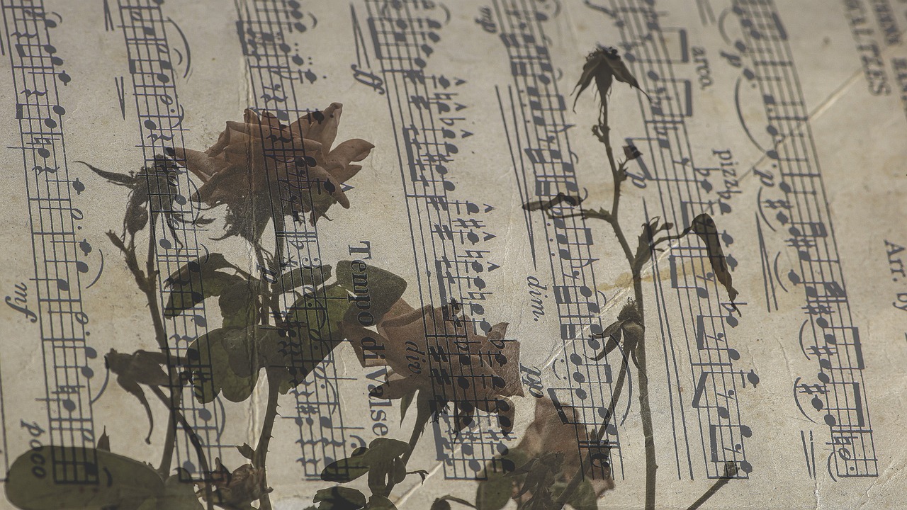 a bunch of flowers sitting on top of a sheet of music, by Maksimilijan Vanka, pixabay, romanticism, vines and thorns, ebay photo, cinematic detail, in thick layers of rhythms