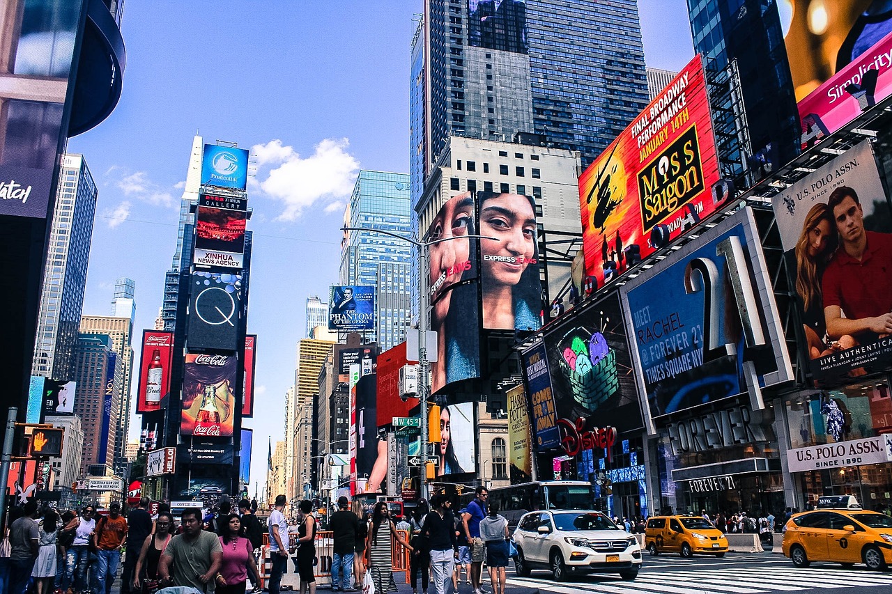 a busy city street filled with lots of billboards, a picture, modern new york, beautiful sunny day, tourists in background, oled