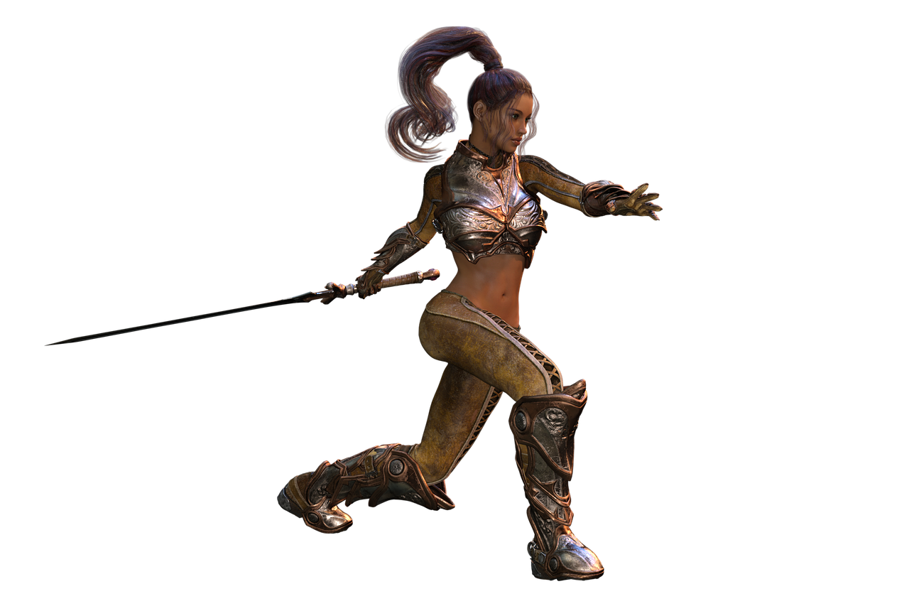 a close up of a person with a sword, by senior character artist, zbrush central contest winner, fantasy art, she is dancing. realistic, heavy brown metallic armor, high quality fantasy stock photo, heroic muay thai stance pose