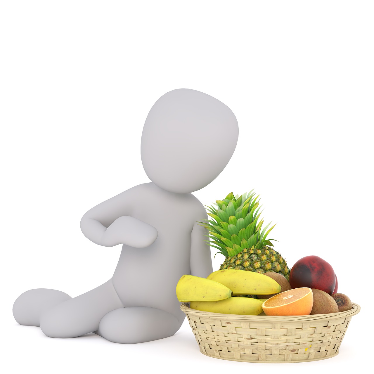 a person sitting next to a basket of fruit, a stock photo, by Gavin Hamilton, trending on pixabay, figuration libre, smooth 3 d illustration, gray anthropomorphic, natural tpose, stock photo
