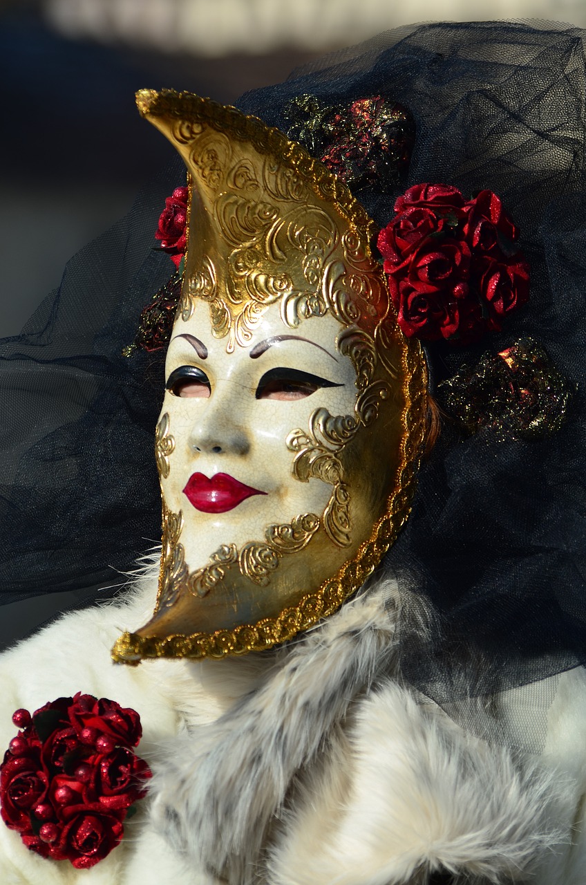 a close up of a person wearing a mask, baroque, red black white golden colors, close up character, closeup photo, lady of elche