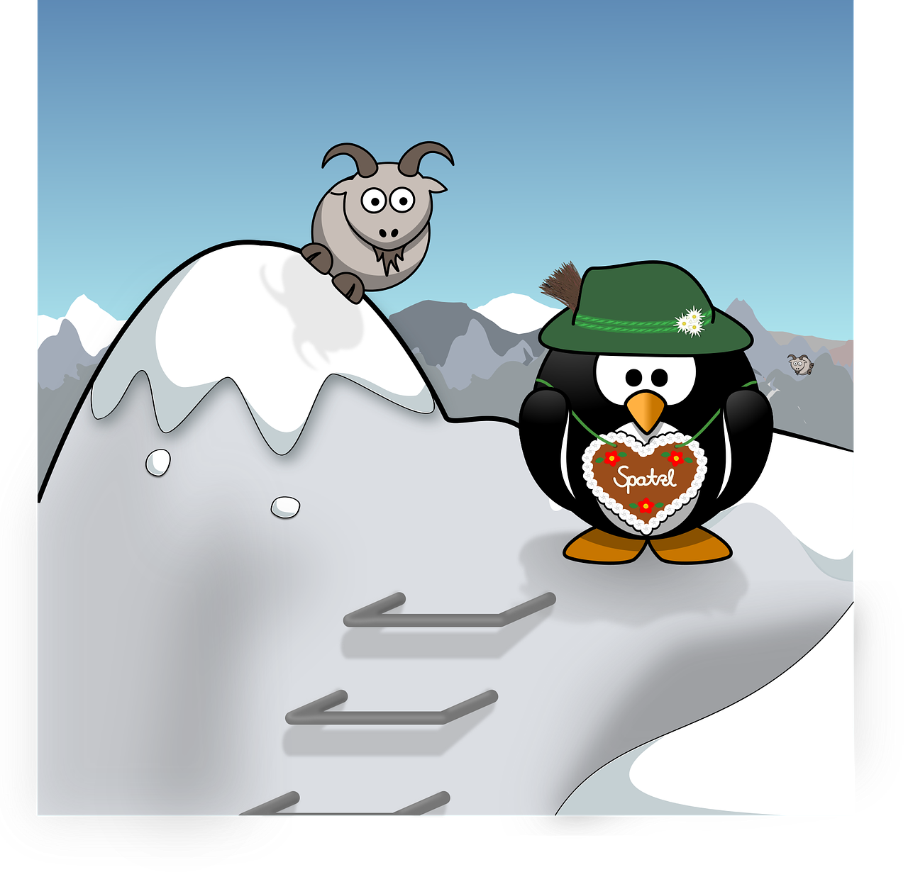 a cartoon penguin standing on top of a snow covered mountain, deviantart contest winner, cupid, flash photo, game screen, sussy imposter