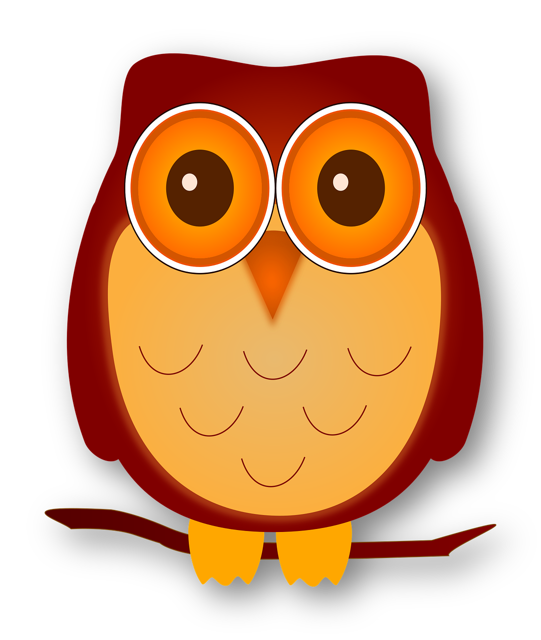 an owl with big eyes sitting on a branch, inspired by Leo Leuppi, pixabay, dada, red and orange colored, !!wearing glasses!!, nighttime!!, cute face big eyes and smiley