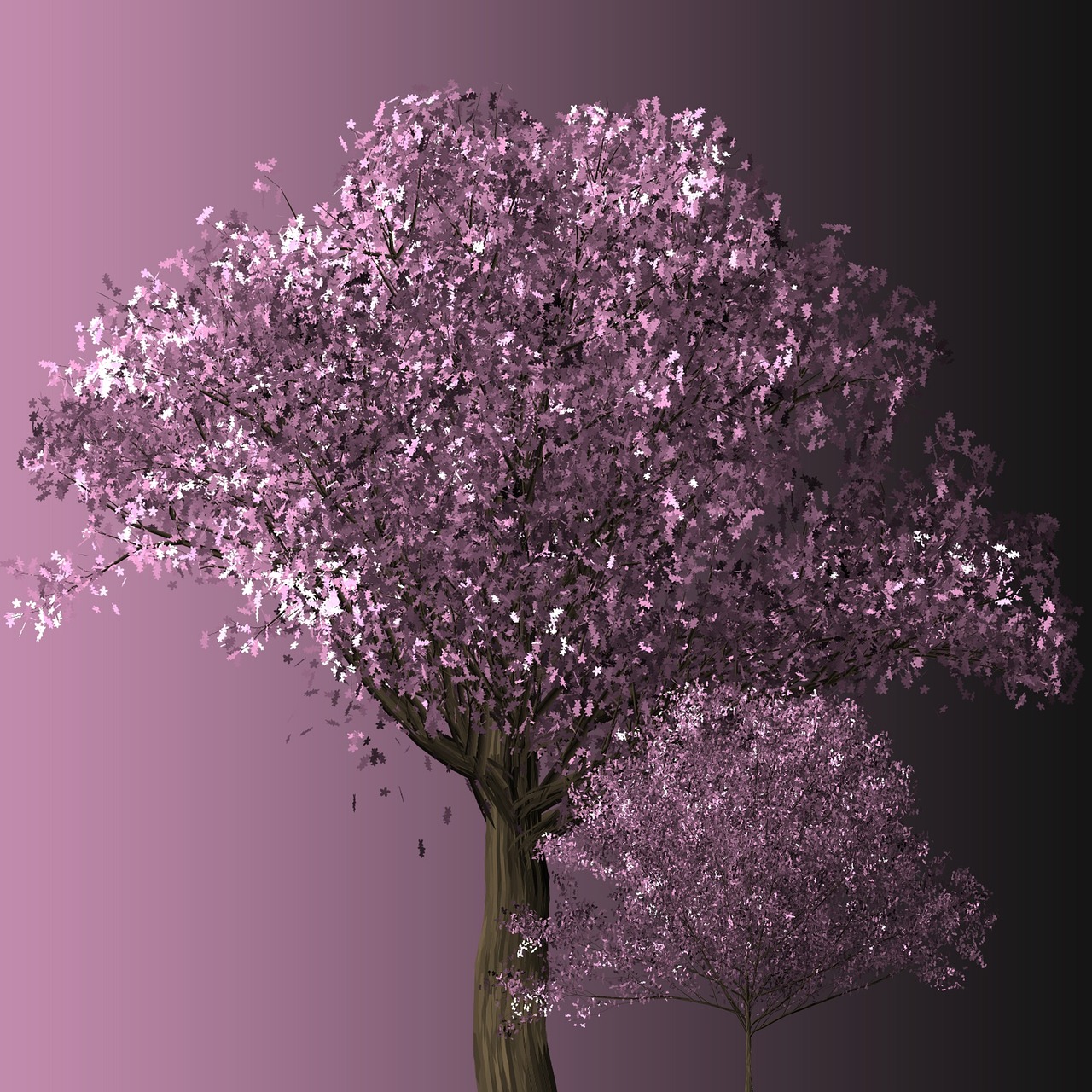 a couple of trees that are next to each other, a digital rendering, digital art, vortex of plum petals, very beautiful photo, finely detailed illustration, petal pink gradient scheme