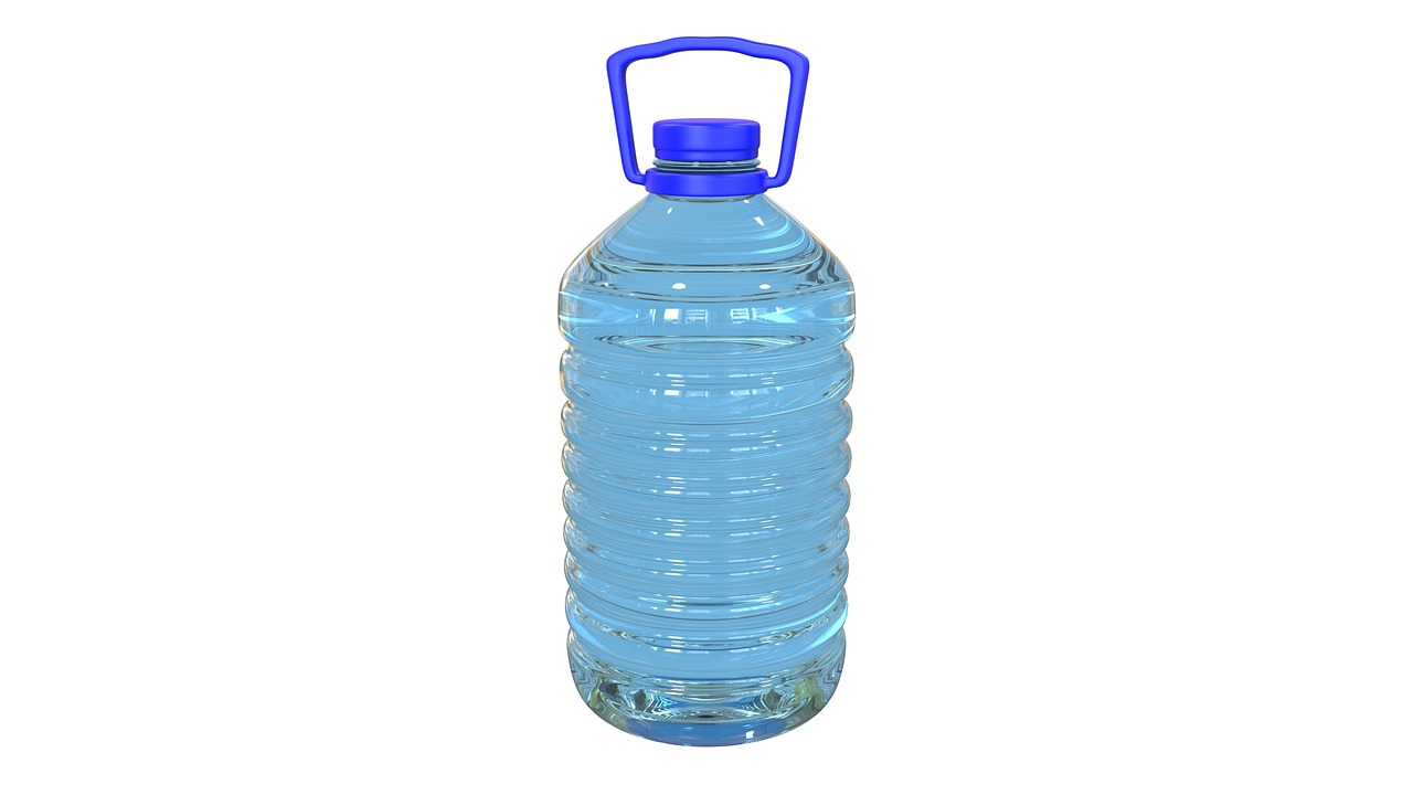 a bottle of water on a white background, a digital rendering, shutterstock, plasticien, 4l, sky blue, (38 years old), round head