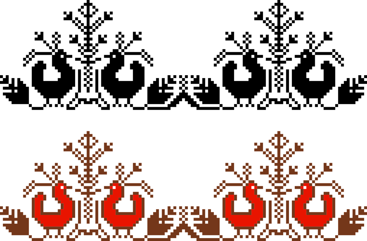 a group of birds standing next to each other on a black background, inspired by Lubin Baugin, pixel art, red and brown color scheme, seventies era, ornate border, high definition screenshot