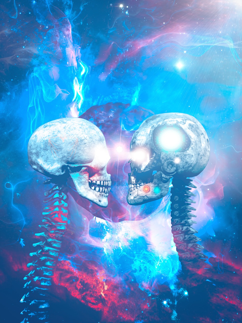 a couple of skulls standing next to each other, digital art, psychedelic art, strange portrait with galaxy, high quality fantasy stock photo, blurred and dreamy illustration, they are in love