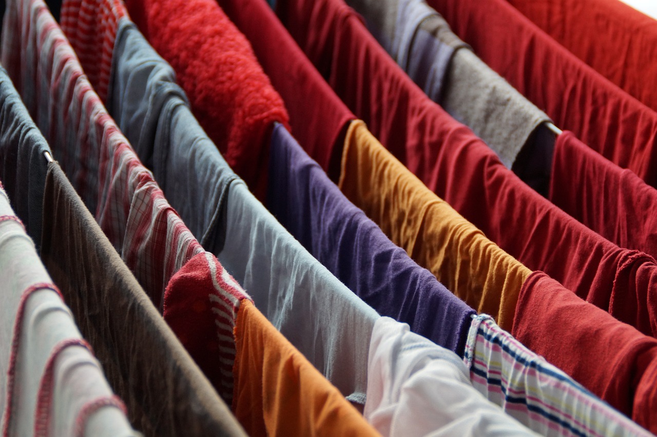 a bunch of different colored shirts hanging on a rack, pexels, clothes made out of veins, reddish, photograph credit: ap, photo 85mm