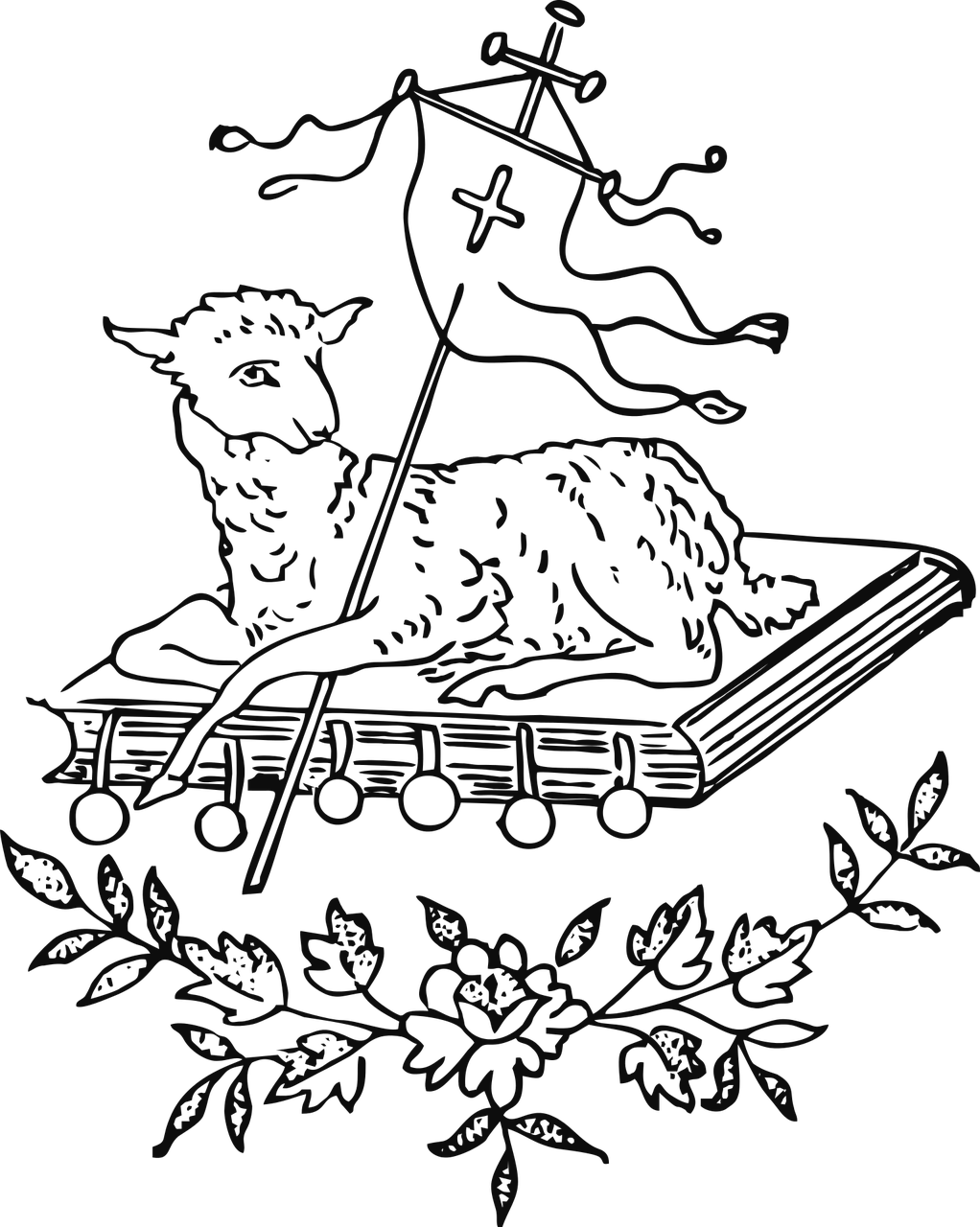 a black and white drawing of a cat on a book, an engraving, inspired by Ștefan Luchian, sots art, lamb and goat fused as one, coat of arms, iphone background, main colour - black