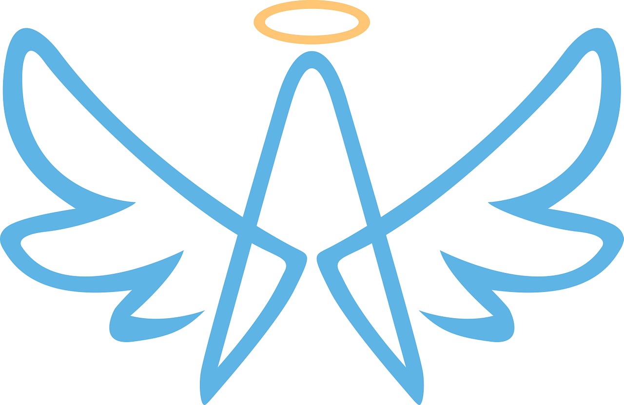 a pair of scissors with a halo on top of it, a pastel, by Julian Allen, symbolism, grand angel wings, logo without text, blue, star