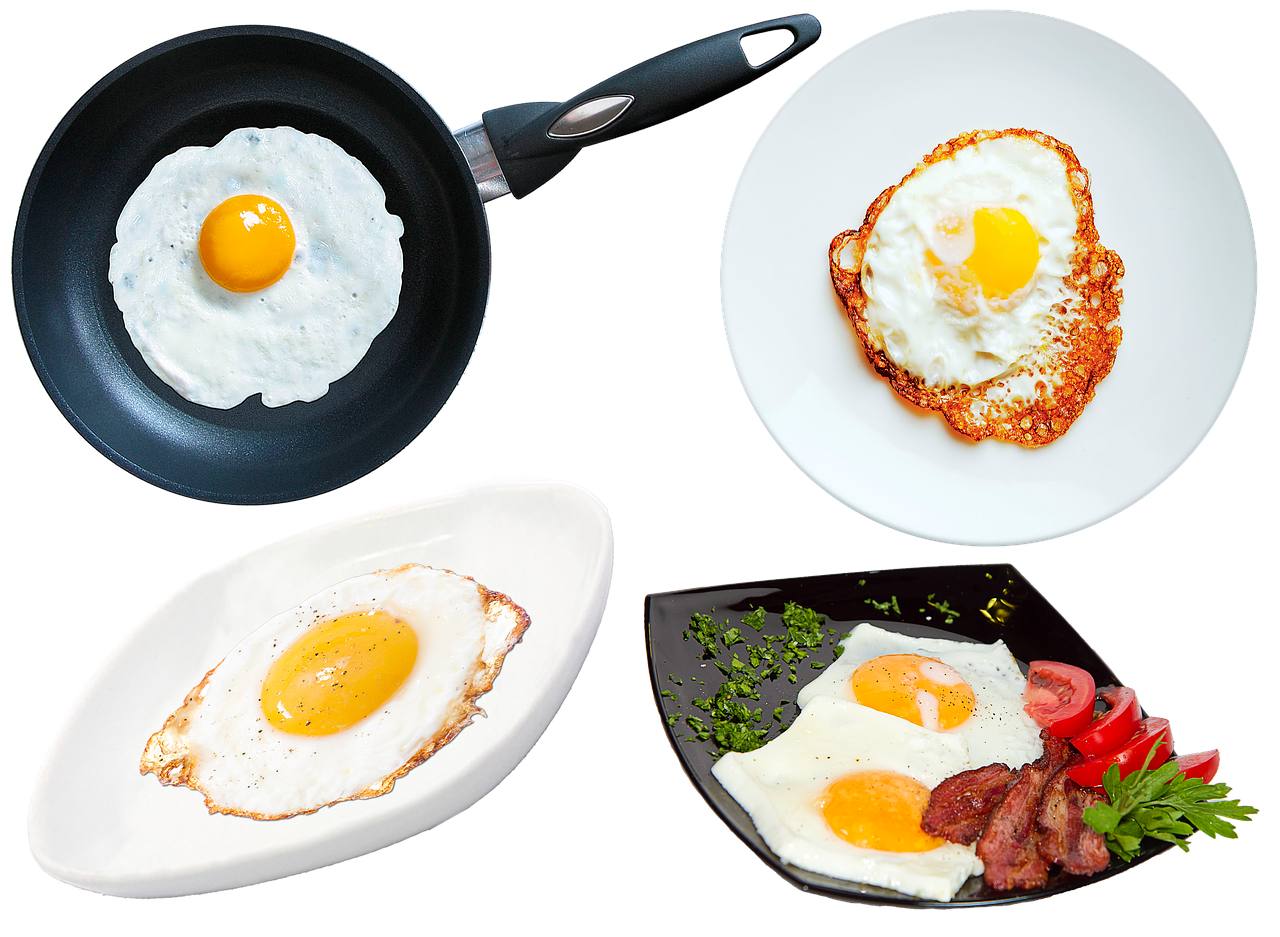 a number of plates of food with eggs on them, shutterstock, dau-al-set, various angles, with a black background, with a white background, fry