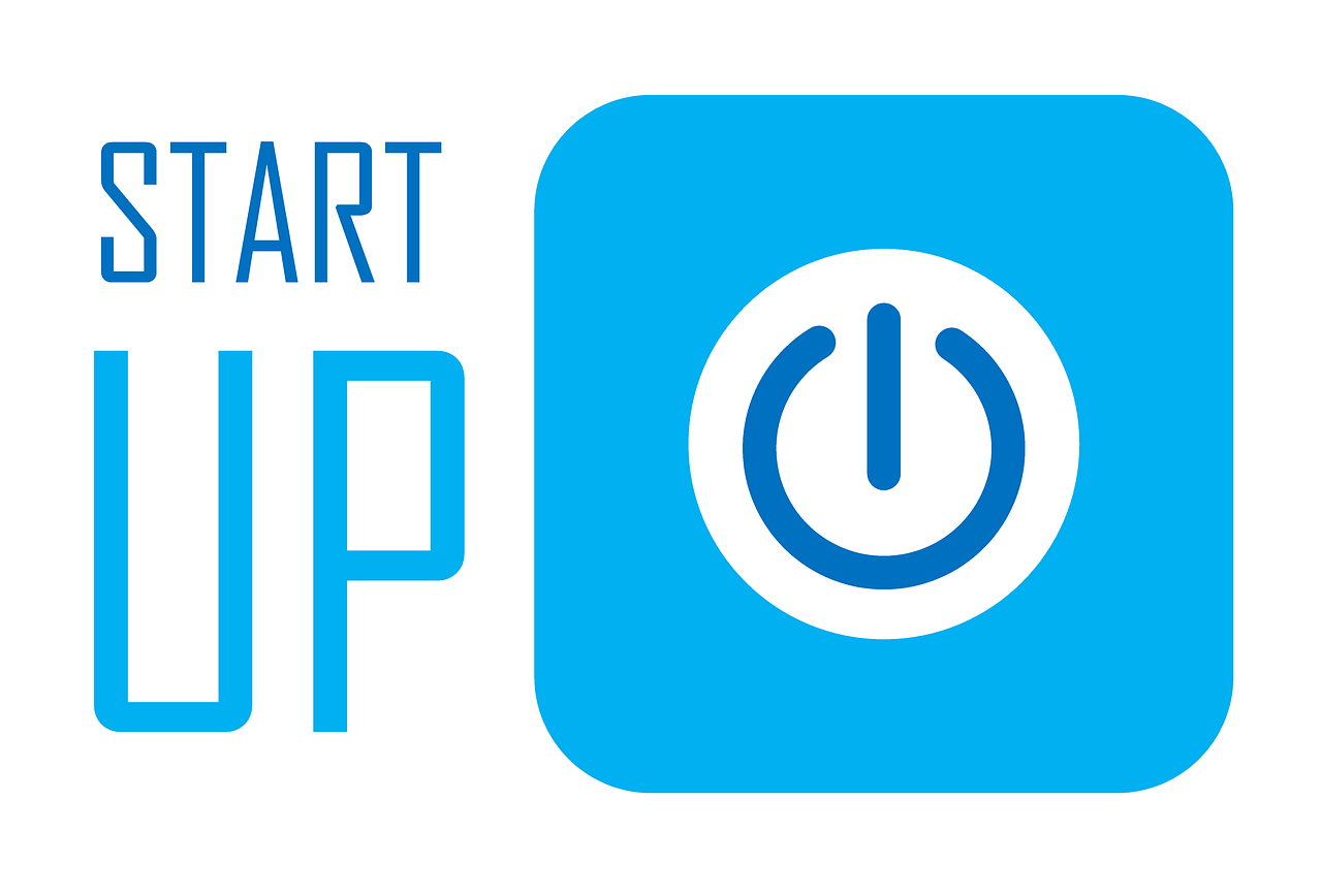 a blue and white sign that says start up, a screenshot, by Julian Allen, pixabay, process art, samsung smartthings, dating app icon, circuit, set against a white background