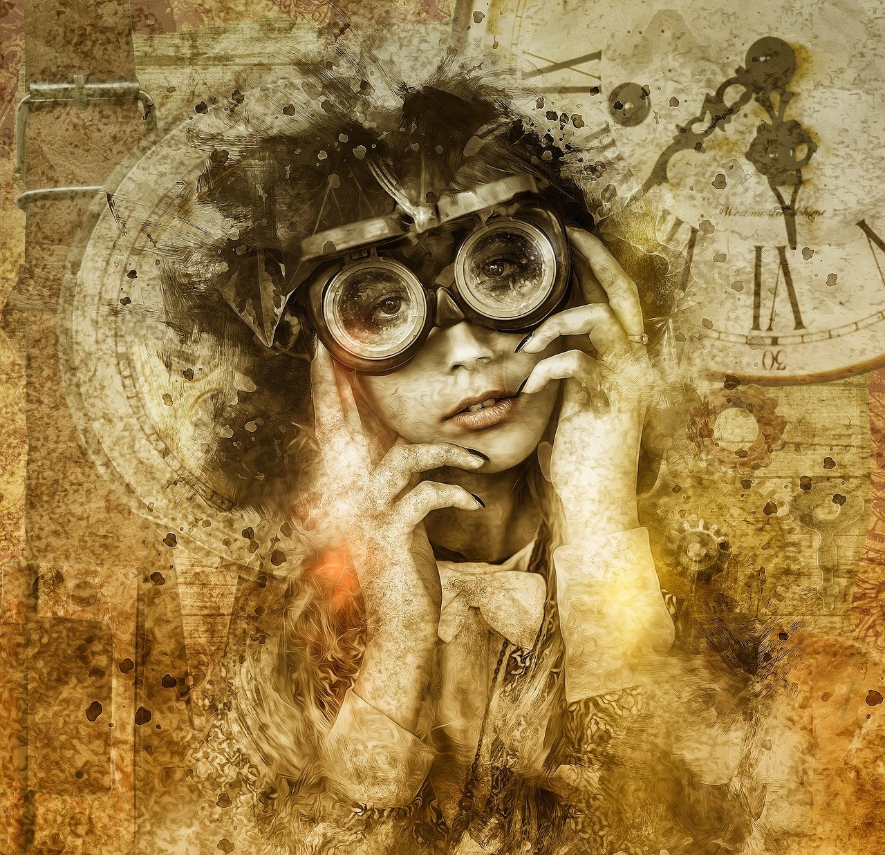 a close up of a person with a clock in the background, digital art, by Cindy Wright, steampunk goggles, little kid, gritty image, thinking