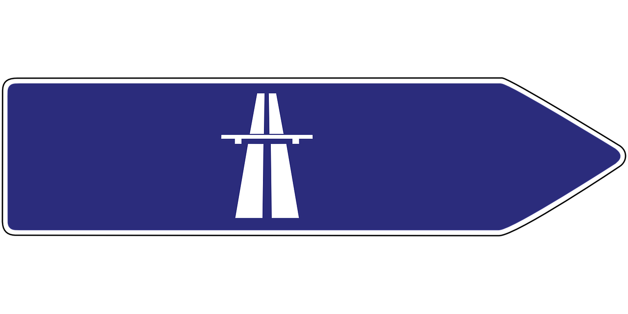 a blue street sign with a white arrow, inspired by Veikko Törmänen, high bridges, horizon forbideen west, flag, in teh style of tony start