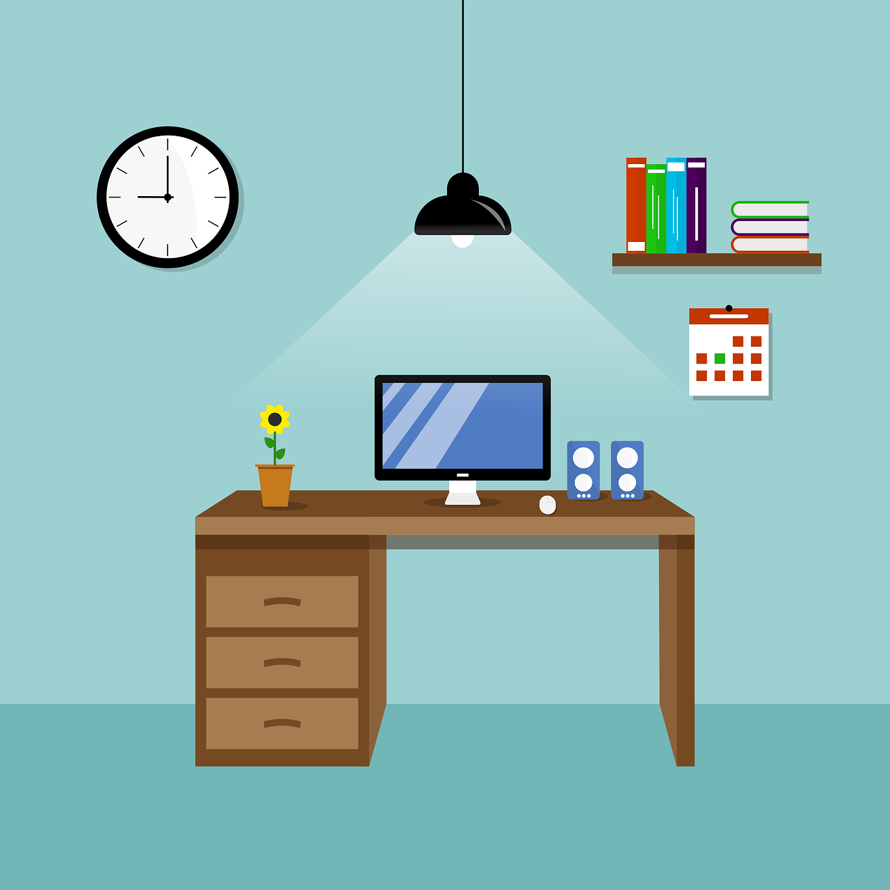 a computer sitting on top of a wooden desk, an illustration of, computer art, office room interior, blue color theme, poster illustration, afternoon time