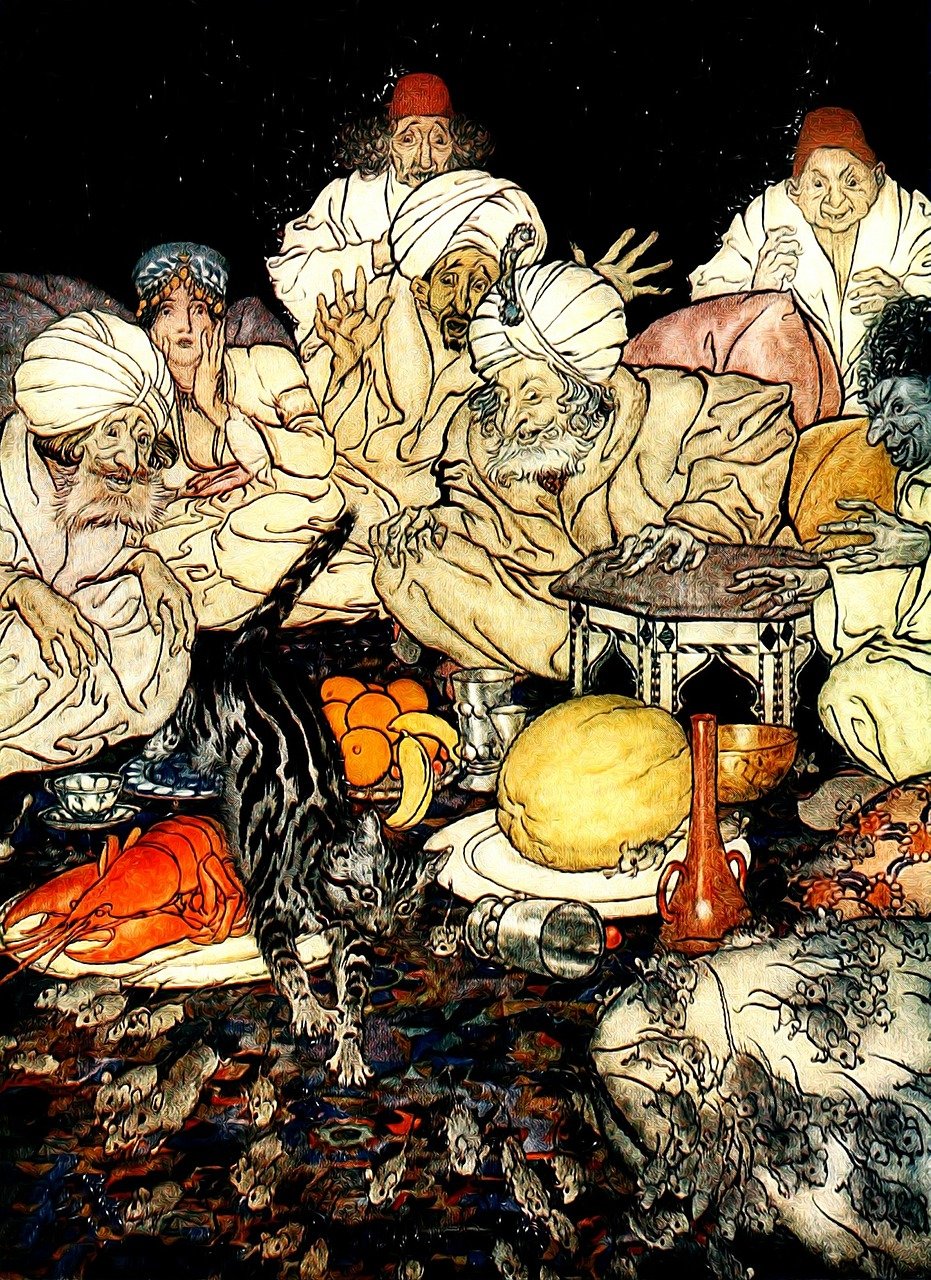 a painting of a group of people sitting around a table, a storybook illustration, by Arthur Rackham, art nouveau, arabian nights inspired, closeup at the food, ralph bakshi, pile of bodies