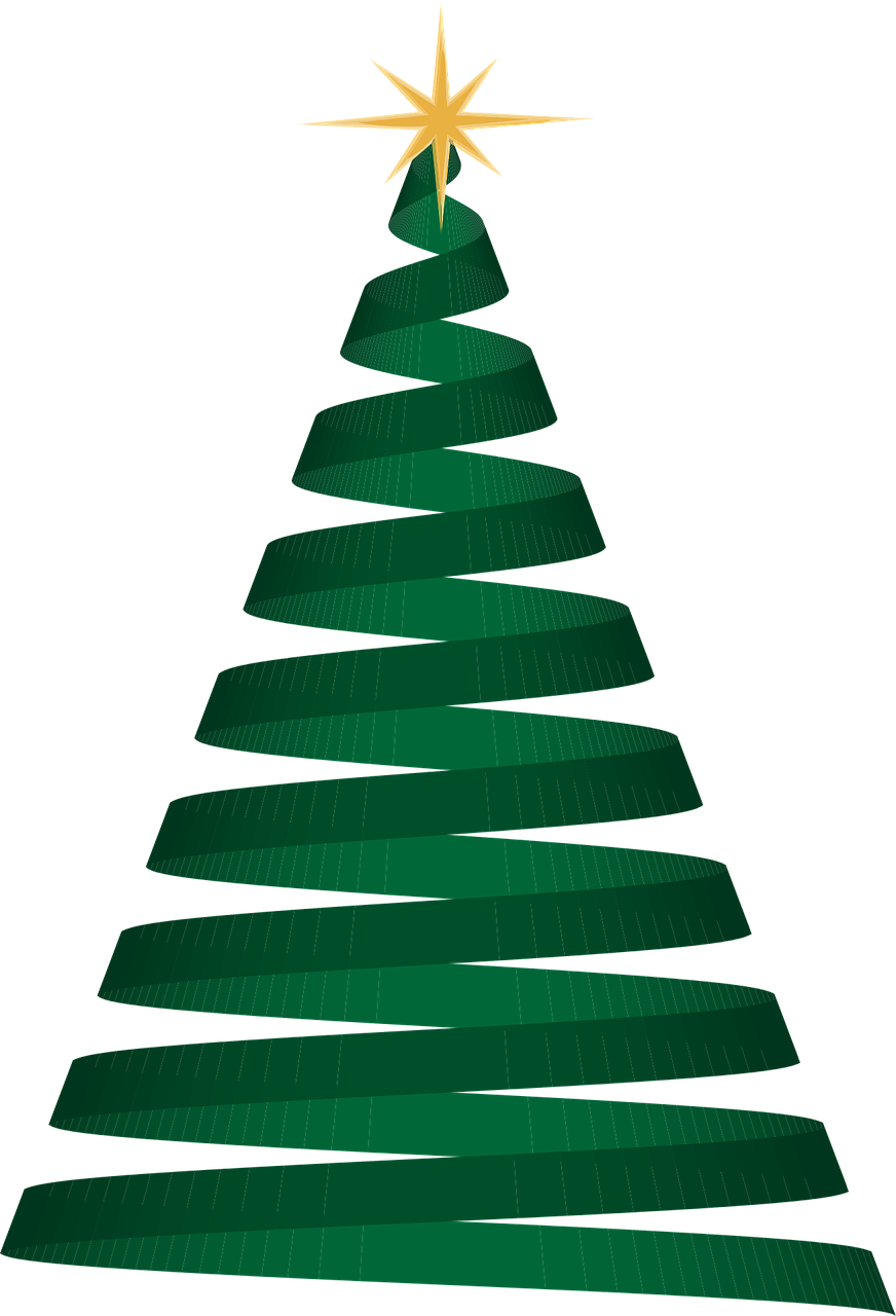 a green christmas tree with a star on top, a raytraced image, inspired by Slava Raškaj, spiral lines, gradient green black, tall tree, ribbon