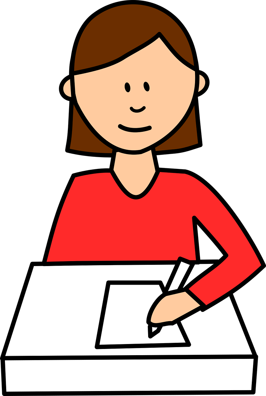 a woman sitting at a desk writing on a piece of paper, pixabay, mapo tofu cartoon, with a black background, clip art, ( waitress ) girl