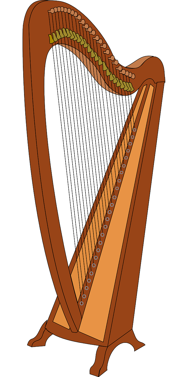 a harp sitting on top of a wooden stand, an illustration of, inspired by Balázs Diószegi, sōsaku hanga, drawn in microsoft paint, front side view full sheet, strings, irish