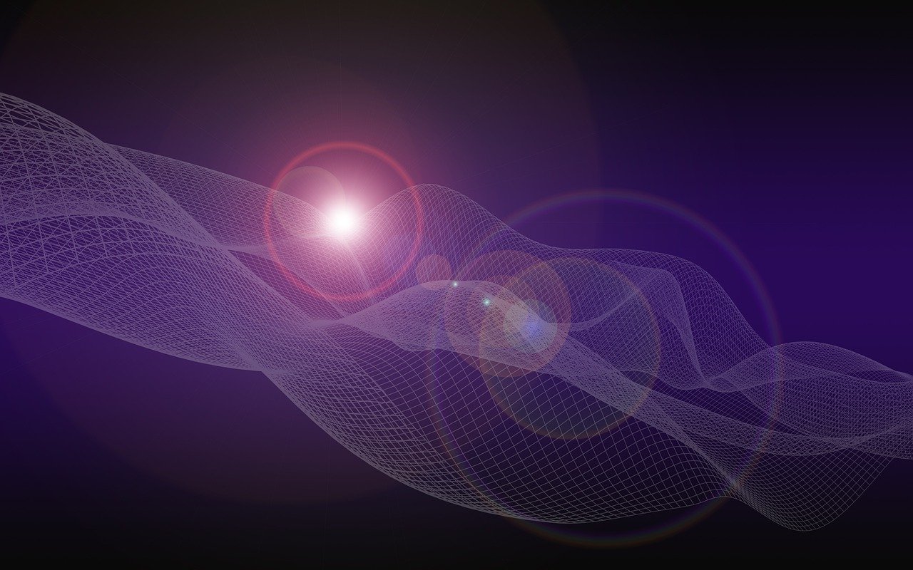 a bright light shines brightly on a dark background, digital art, tube wave, purple sun, netting, made with illustrator