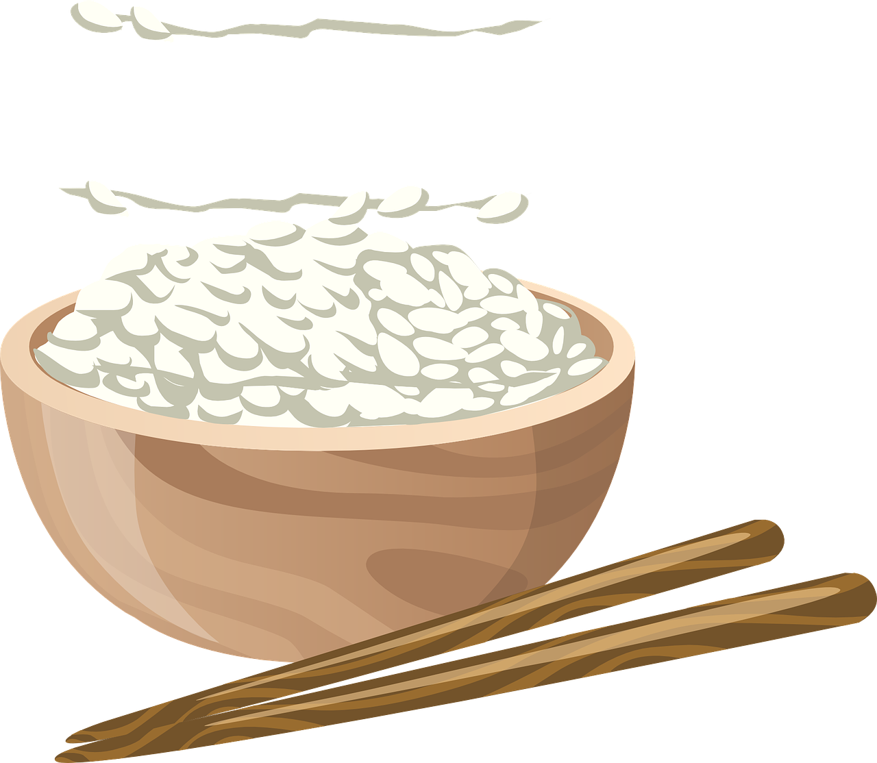 a bowl of rice with chopsticks next to it, a digital rendering, inspired by Shūbun Tenshō, on a flat color black background, sea of milk, wikihow illustration, a wooden