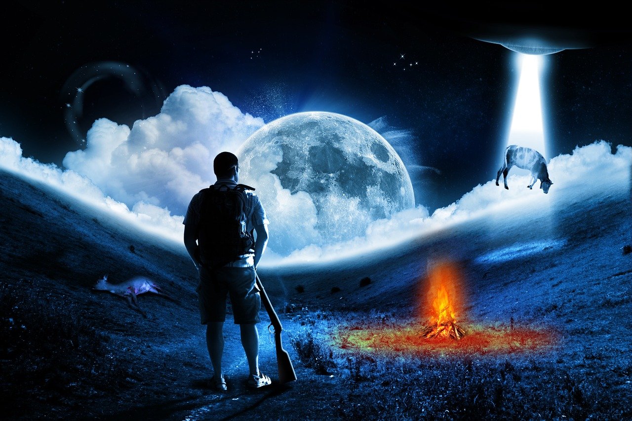 a man standing on top of a hill next to a fire, digital art, space art, moon light fish eye illustrator, heaven on earth, sitting on a moon, absolutely outstanding image