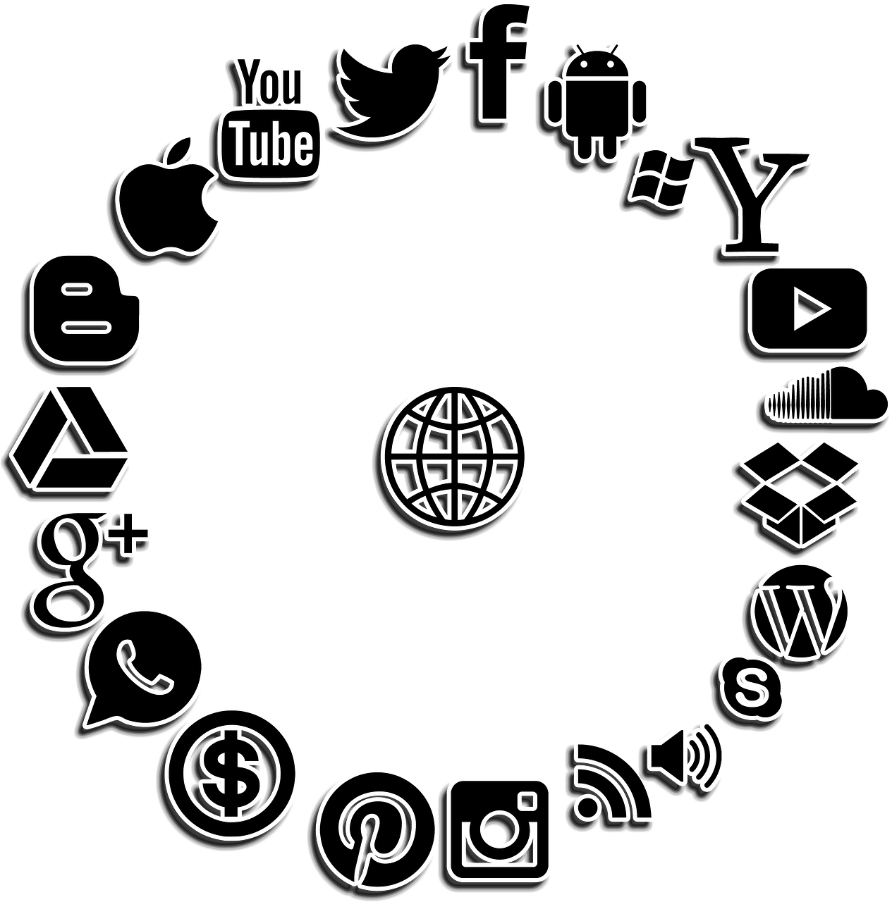 a circle of social icons on a black background, a diagram, by Andrei Kolkoutine, trending on pixabay, digital art, internet meme, black on white only, about to consume you, internet