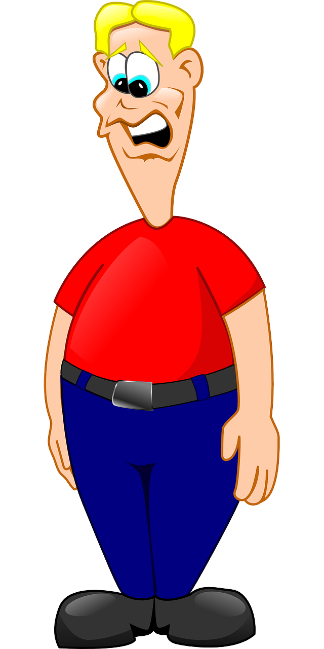 a cartoon man wearing a red shirt and blue pants, inspired by Fernando Botero, pixabay, figuration libre, an anthropomorphic stomach, !!! very coherent!!! vector art, slender boy with a pale, an overweight