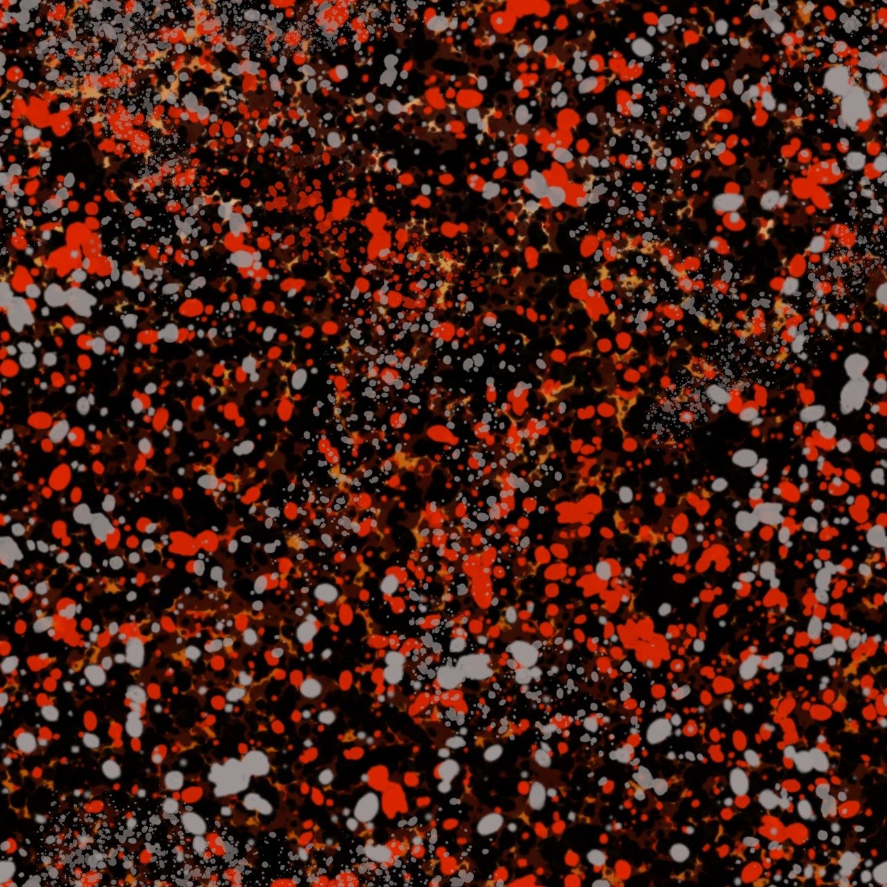 red and black paint splattered on a black surface, digital art, inspired by Pollock, grey orange, thousands of galaxies, orange mist, animation film still